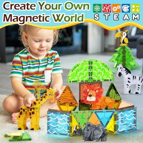 Oriate Magnet Safari Animals Magnetic Tiles Blocks, 30pcs Movable Joint Zoo Animals with Magnetic Building Construction Magnet Tiles, Lion Zebra Giraffe Kids Educational Animal Toy Zoo Travel Set — view 3