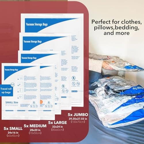 24 Pack Vacuum Storage Bags with Electric Air Pump,5 jumbo, 5 large, 5 midium, 5 small and 4 roll bags, Airtight Compression Bags for Clothes, Pillows, Comforters, Blankets, Bedding — view 2