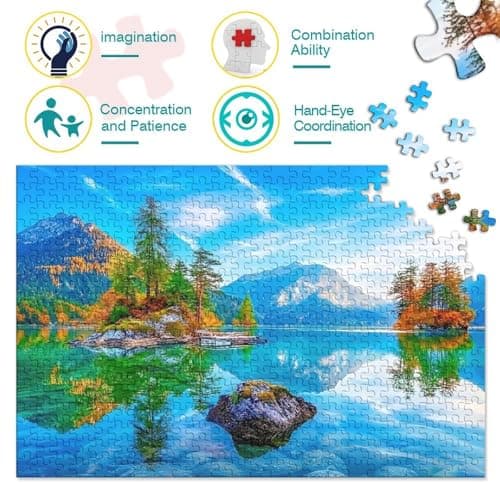 Mountain Cabin Scene 1000 Piece Jigsaw Puzzle Sustainable Paper for Family Kids Educational Brain Training Autumn Cabin Stream Deer Mental Stimulation Eco-Friendly Travel Game 52x38cm — view 3