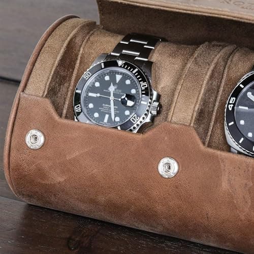 ROTHWELL Watch Roll Travel Case for 3 Watches | 100% Genuine Leather Heavy Duty Wearable Protection Fits All Wristwatches and Smart Watches up to 50mm (Tan/Tan) — view 4