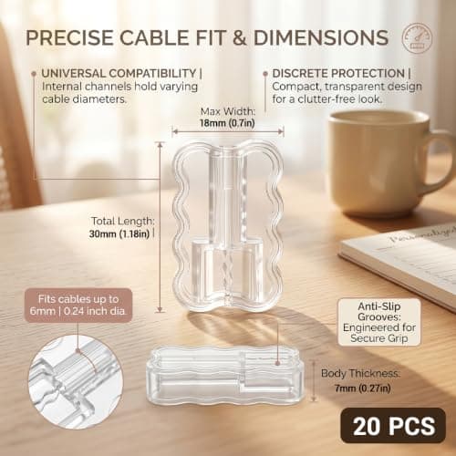 20 Pack Clear Cable Protectors Prevent Fraying, Invisible Charger Saver for Phone and Tablet Charging Leads, Universal Rigid Plastic Dual Wave Wire Organiser Cover, Anti-Bending — view 3