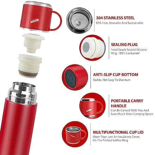 Stainless Steel Water Bottle, Leakproof Thermal Travel Mug with Lid & Handle, 550ml Double Walled Vacuum Flask, BPA Free Reusable Drink Bottle Coffee Cup Keep 12h Hot & Cold for Gym Office Outdoor,Red — view 2