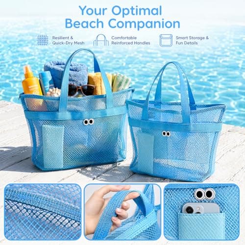 QWEPU Mesh Beach Bags, 2PCS Lightweight Large Pool Beach Tote Bag, Portable Mesh Beach Tote Bag Mesh Sand Bag Mesh Beach Bag Suitable for Pool, Beach, Travel (blue) — view 3