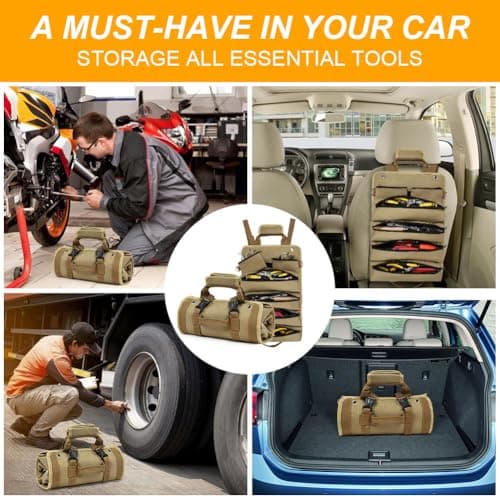 Adiwo Tool Bag, Foldable Roll Up Heavy Duty Bag Organizer, Tool Roll Pouch with 2 Detachable Tool Pouch, Multi Purpose Organizer for Mechanics, Great Gifts for Grandpa Dad Boyfriend, Khaki — view 6