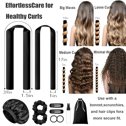 MZinge Heatless Hair Curler Set, Overnight Curling Rods 2 Sizes (1.5inch & 0.5inch) for All Hair Types, No Heat Damage, Complete Styling Kit with Sleep Cap & Storage Bag for women gifts (Black) — view 2