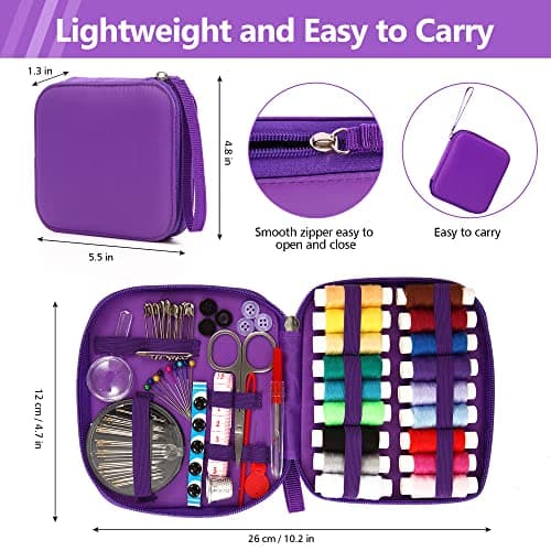 Sewing Kit, AUERVO Mini Sewing Kits 86PCS Thread and Needles Set for Adults, DIY,Home, Travel & Emergency with Compact Small Purple Zipper Case — view 3