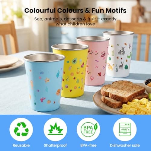 GEEKHOM Set of 4 Stainless Steel Cups for Kids, 350ml Reusable Children’s Metal Cups with Cleaning Brush, Tumblers with Fun Cartoon Prints, Perfect for Home School Camping Travel (4 Colors) — view 3