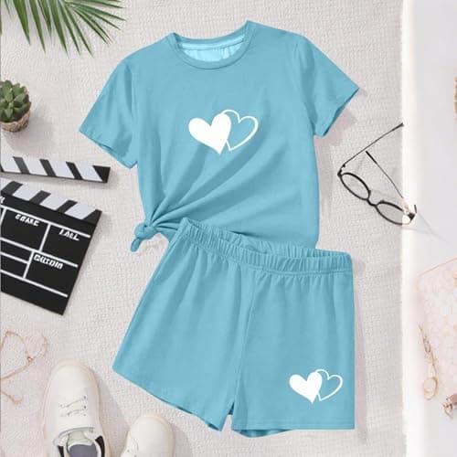 Girls 2 Piece Casual Shorts Set, Summer Short Sleeve Tshirt & Wide Leg Shorts Two Piece Outfits Loungewear Quick-Drying Outdoor Running Casual Wear Sky Blue 11 Years — view 4
