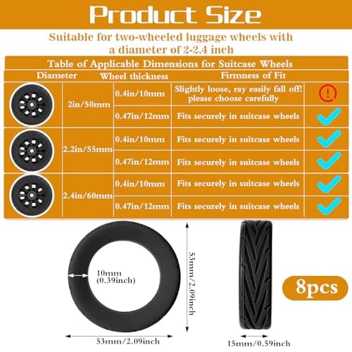 8pcs Suitcase Wheels Replacement, Ymapinc Suitcase Wheel Protectors, Wear-Resistant Anti-Noise Luggage Wheel Covers, Silicone Spinner Wheels Protectors for 2-2.4", Essential Travel Accessories (Black) — view 2