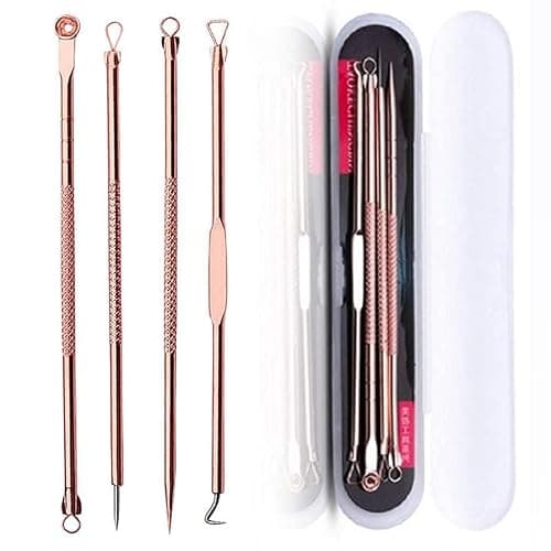 4pcs Blackhead Removal Tool Kit Clip Blemish Squeeze Pimple Extractor Pore Cleaner Cleansing for Skin Care Stainless Steel Head Portable Storage Box Travel Use