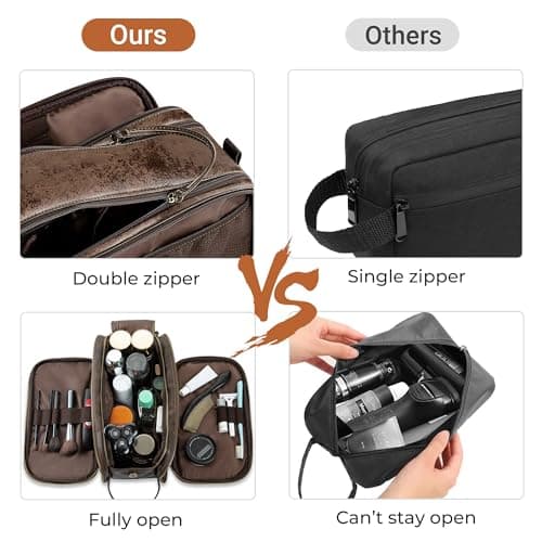 Water-Resistant Leather Toiletry Bag for Men, Women Large Travel Wash Bag Shaving Dopp Kit Bathroom Gym Toiletries Makeup Organizer with Free Wet Dry Bag (Chocolate) — view 4