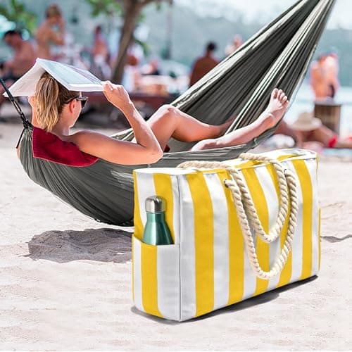 Becokan Beach Bags for Women Stripe Large Beach Tote Bag, Yellow, L — view 3
