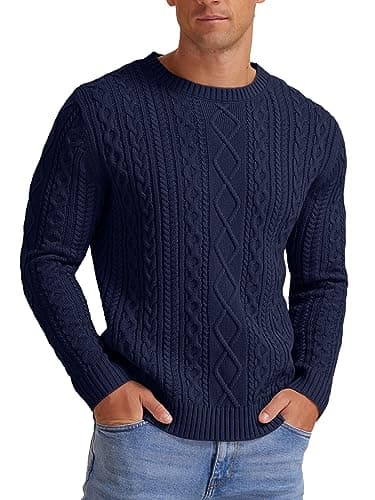Hisir Men's Cable Knit Jumper, Thick Warm Crew Neck Winter, Navy Blue, XXL