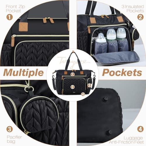 Tonyeee Baby Changing Bag Tote, Large Nappy Diaper Tote Bag for Mum Dad, Travel Baby Bag with Changing Mat, Pacifier Case, Insulated Bottle Pocket, Black — view 4