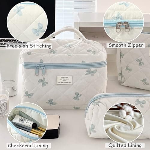 Aucuu 3PCS Coquette Makeup Bag, Quilted Makeup Bag for Women, Floral Cotton Cosmetic Bag Set, Large Capacity Aesthetic Floral Toiletry Bag, Travel Toiletry Bag, Wash Organizer Pouch for Women Girls — view 4