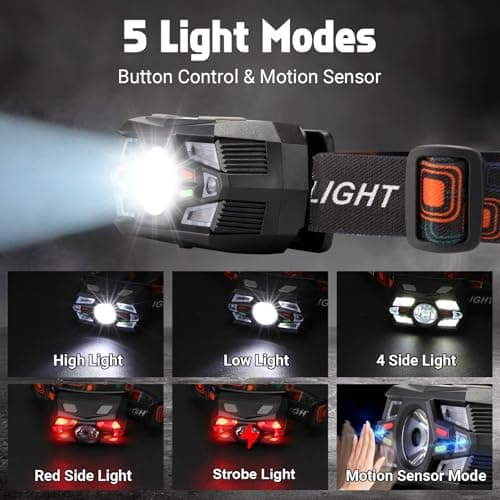 NAKCNM 4Pack LED Head Torch Rechargeable, Motion Sensor Headtorch Red Light — view 3