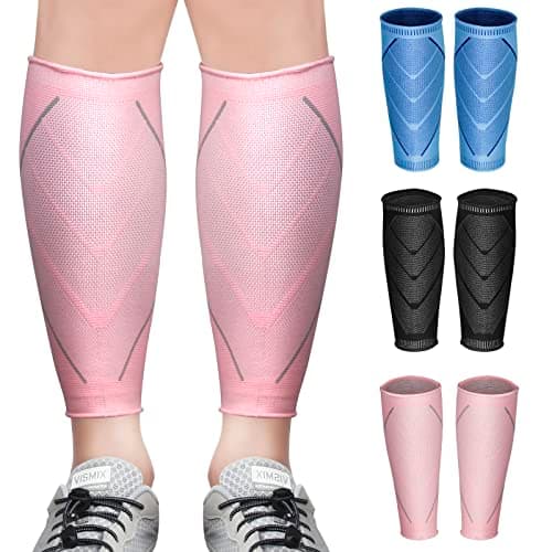Calf Compression Sleeves for Women & Men 2 Pack Elastic Calf Support Footless Socks Ventilation Calf Brace for Pain Relief, Sports Recovery, Cycling, Travelling, Gym Calf Guards (Pink, L)