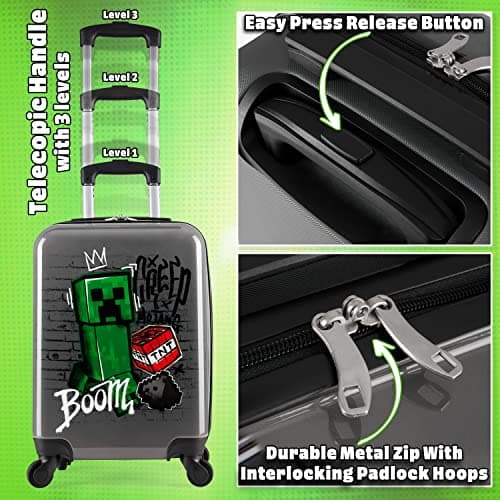 Minecraft Suitcase Kids Teens Creeper Hard Shell Luggage Travel Case 4 Wheels Handle Travel Essentials Holiday School Trips (Grey, S/L49cm x W33cm - 30L) — view 5