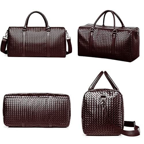 Leather Travel Duffle Bag for Men, Woven Carry On Weekender Overnight Bags for Business Sports Gym Brown — view 2