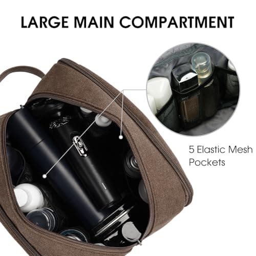 WANDF Toiletry Bag for Men, Travel Wash Bag with Handle, Water-Resistant Canvas Shaving Organiser, SBS Metal Zipper Dopp Kit for Makeup Bathroom Gym (Brown) — view 3