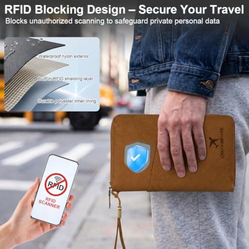AOOSU Travel Wallet, Family Passport Holder, RFID Blocking Travel Accessories Document Organiser, Travels Document Holder for Tickets Waterproof Cover Holiday Essentials Case for Man & Woman Brown — view 4
