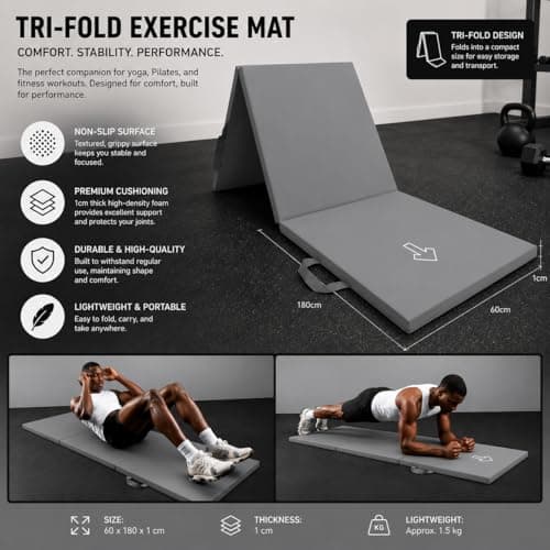 NORTHERN Yoga Mat Exercise Fitness Tri-Fold Foam Mat Extra Thick Non Slip Large Padded Stretching Home Gym Equipment Accessory 3 Folding Multi-Purpose Workout with Carrying Handle (Grey) — view 3