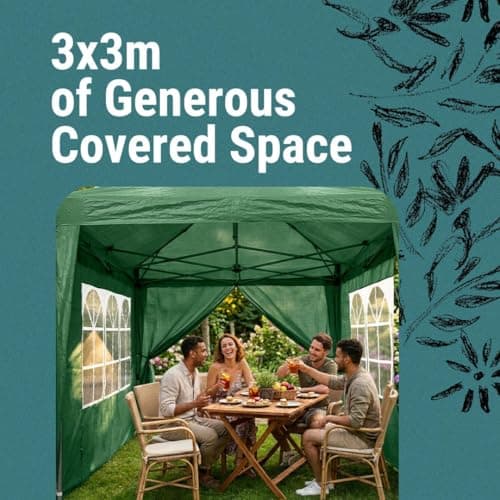 Gr8 Garden 3x3m Gazebo Tent with Removable Sides | Outdoor Waterproof Party Tent Canopy | Garden Marquee Shelter for BBQ, Festival, Camping & Beach | Camping Tent Awning Shade l Green — view 6