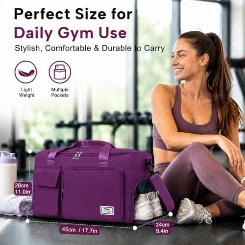 FIORETTO Womens Mens Sports Gym Bag Duffle Bag with Shoes Compartment, Weekend Travel Bag Overnight Bag for Women, Water Resistant Holdall Hospital Bag for Swimming Purple — view 5