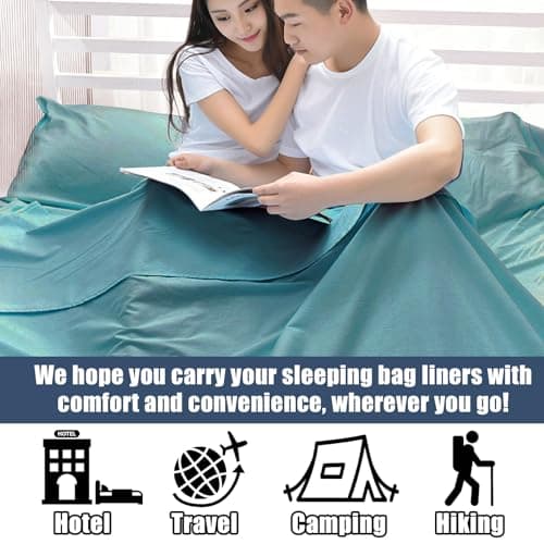 Plliocse Sleeping Bag Liner, Portable Travel Camping Sheet, 180 x 210 cm Double Size Sleeping Bag Liner with Pillow Pockets for Adults Hotels Business Trip Camping (Blue, 180cm x 210 cm) — view 2