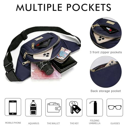 ADUDVLO Bumbags for Ladies Women Men Lightweight Adjustable Bum Bag Fanny Pack with 4 Zipper Pockets,Fashionable Waist Pack for Travel, Running, Hiking, Cycling (Deep Blue) — view 4