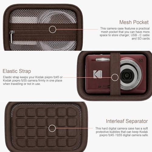 RAIALL Camera Case for Kodak PIXPRO FZ55 / FZ45 / C1 Digital Camera, Vlogging Camera Hard Carrying Case Protective Travel Bag, Mesh Pocket for Charger, USB Cable, Batteries and SD Card, Brown — view 4