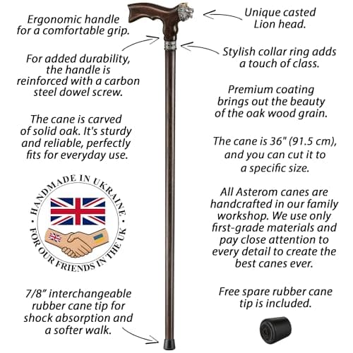 Asterom Walking Stick, Wooden Walking Sticks for Men, Walking Cane (Lion) — view 3