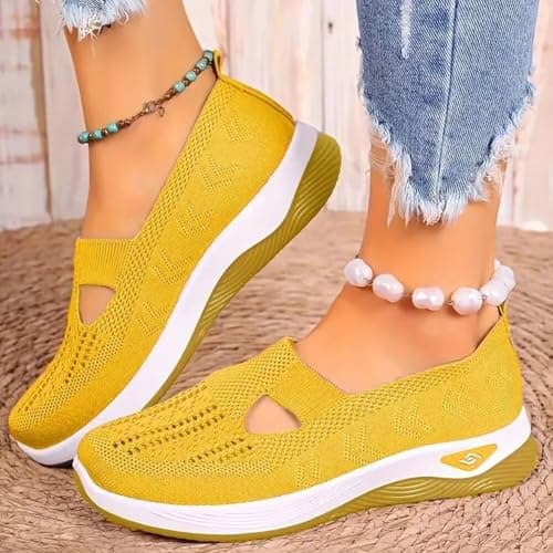 Women's Orthopedic Mesh Walking Shoes Athletic Sport Running Sneakers Slip-on Cozy Breathable UK Size 9 Yellow — view 2