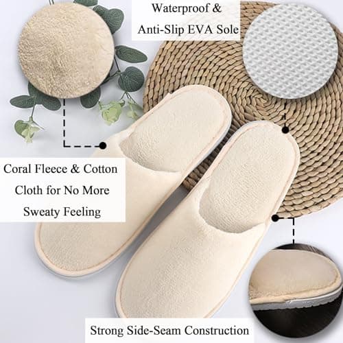 JISRKP 3 Pcs Disposable Hotel Slippers, Soft Coral Fleece Spa Slipper For Women, Hotel Travel Spa Portable Slippers Home Guest Indoor, Unisex Padded Sole Guest Sli-ppers, Beige — view 5