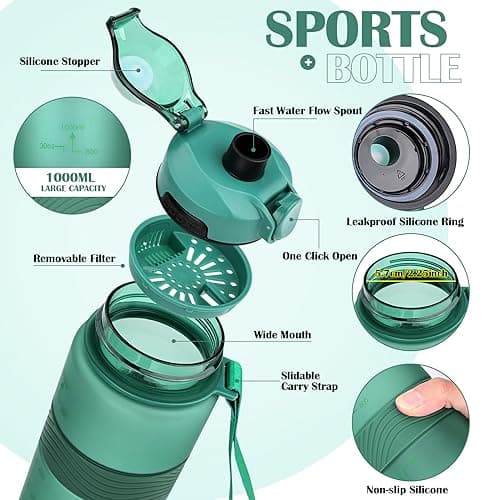 CodiCile Water Bottle, BPA Free 1l Water Bottle Leak Proof Drinks Bottle, Large Sports Bottle Great for Gym, School, Office and Travel (Dark Green) — view 3