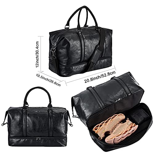 Travel Bag with Shoe Pouch,Weekender Overnight Bag Waterproof PU Leather Large Carry On Bag Travel Tote Duffel Bag for Men or Women,Black — view 2