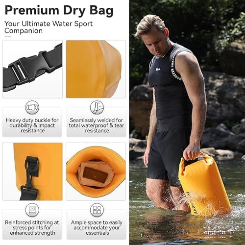 MARCHWAY Floating Waterproof Dry Bag Backpack 5L/10L/20L/30L/40L, Roll Top Sack Keeps Gear Dry for Kayaking, Rafting, Boating, Swimming, Camping, Hiking, Beach, Fishing (Deep Yellow, 10L) — view 2