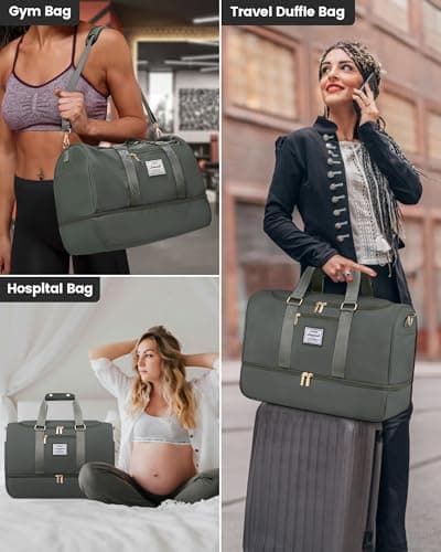 LOVEVOOK Travel Bag Gym Bag for Women, Waterproof Weekend Overnight Holdall Duffle Bags with Toiletry Bag, Shoe Compartment & Wet Pocket, Swimming Beach Bags Hand Luggage Camping Sports Bag, Green — view 6