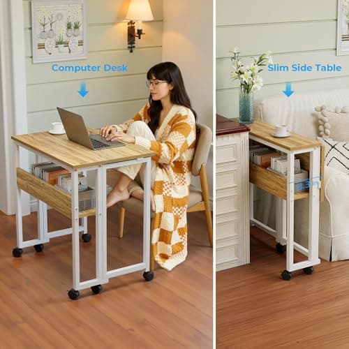 GreenForest Folding Desk 63 cm with Storage Shelf and Wheels, Oak — view 6