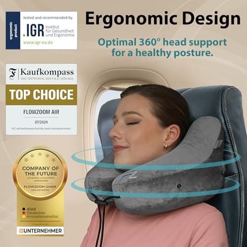 FLOWZOOM AIR Travel Neck Pillow for Airplane Inflatable Hooded Grey Size M — view 2