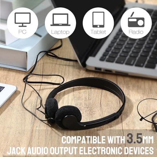 Konohan 30 Pack Headphones Bulk Wired Headphones Black Headphones Adjustable Over Ear Earbuds with 3.5 mm Plug for Teen Adults Students Schools Library Computer Labs Office Airplane — view 3