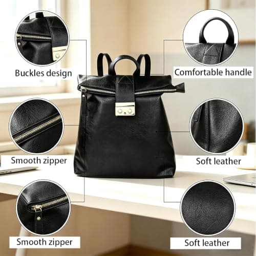 LA DEARCHUU Leather Rucksack Women Men, Black Leather Backpack Handbags Multi-Pocket Durable Comfortable Flap Over Travel Soft Daily Backpack Daypack with Snap Closure — view 3