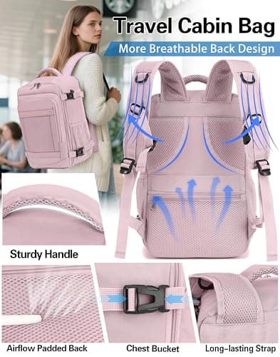 KLOSTAIN for Easyjet Cabin Bag 45x36x20 Travel Backpack Hand Luggage Carry-ons Bag Laptop Backpack Ruscksack for Airplanes Flight New Easyjet Underseat Cabin Bags Fit 14" Laptop Light Pink — view 5