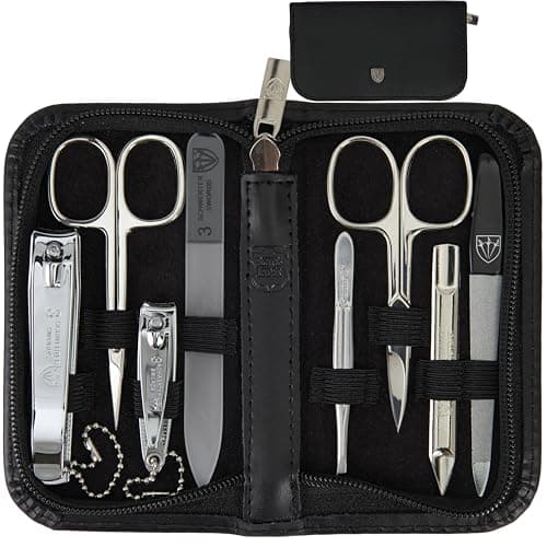 3 Swords Germany - brand quality 8 piece manicure pedicure grooming kit set for daily nailcare genuine leather case black in gift box - Made by 3 Swords