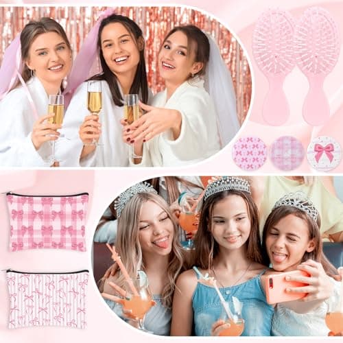 YXSJAS 12Sets-48Pcs Pink Bow Coquette Party Favors Makeup Bag Mini Combs Pocket Cosmetic Mirrors Delicate Hair Scrunchies Trip Weekend Gifts for Sleepover Spa Birthday Party Bridal Back to School — view 5