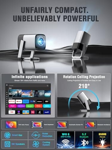 [Compatible with Netflix & TOF Real-time Focus] XuanPad 34000L Mini Silver Smart Projector 4K Support, Native 1080P, WiFi & Bluetooth, Auto Keystone, 3D Dolby Audio, 210° Stand for Home Projector — view 6