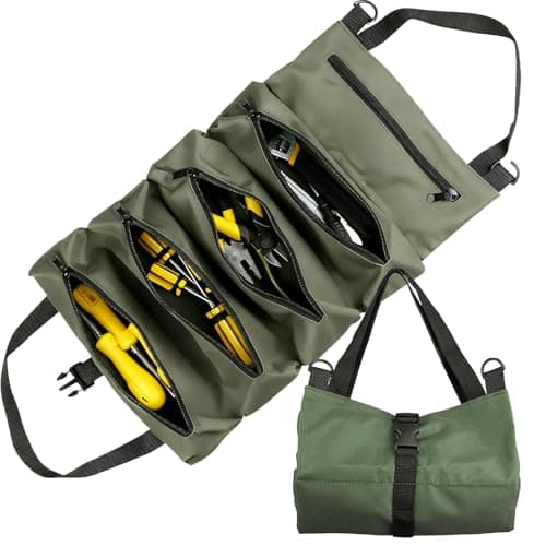Tool Roll Bag Canvas Small Tool Bag Multi-Purpose Tools Box Organiser with 5 Zip Pockets Chisel Spanner Roll Ideal for Craftsmen Plumbers and Electricians Armygreen