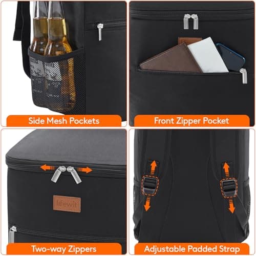 Lifewit 21L 30-Can Soft Cooler Backpack Bag with Hard Liner, Large Insulated Picnic Lunch Box Soft-Sided for Camping/BBQ/Family Outdoor Activities, Black — view 6