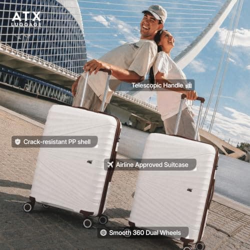 ATX Luggage 55x40x20cm Cabin Suitcase Lightweight Durable Polypropylene Small Suitcase with 4 Dual Spinner Wheels and Built-in TSA Lock (White/Brown, 21 Inches, 44 Liters) — view 6