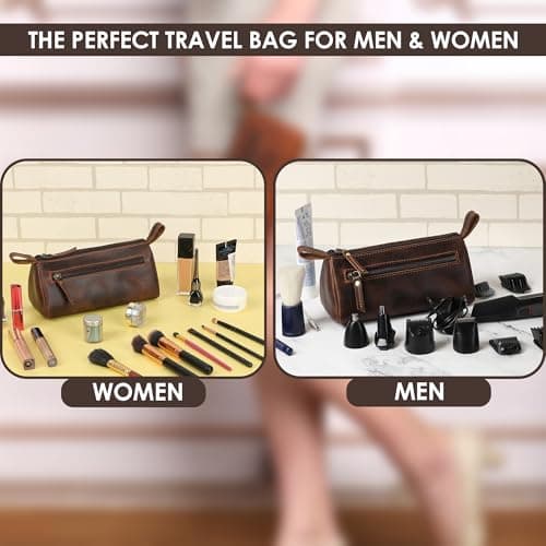 TheAntiq Leather Toiletry Bag Travel Dopp Kit for Men & Women Leather Makeup Organiser with Zipper Compartments Compact Travel Pouch Brown 8x3.5x3.5 Inch — view 5